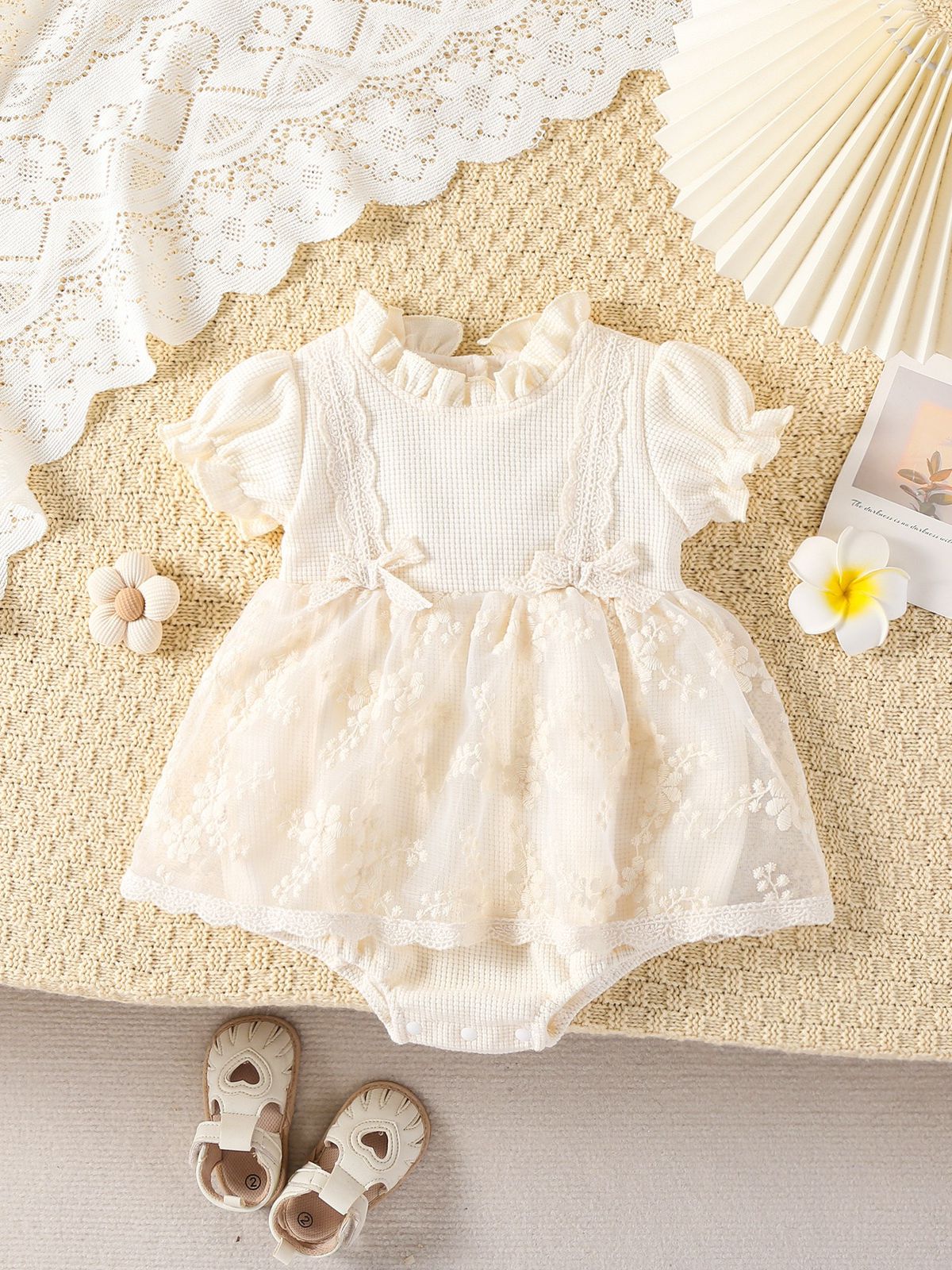 Short sleeve romper dress with 2 bow knots beige color