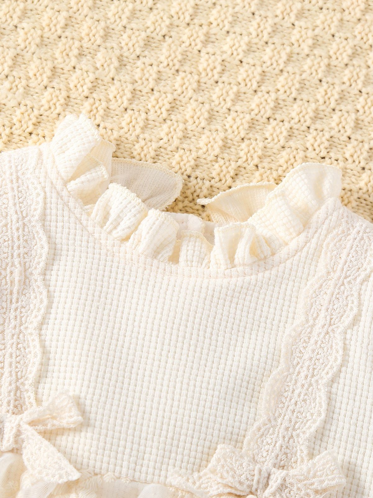 Short sleeve romper dress with 2 bow knots beige color