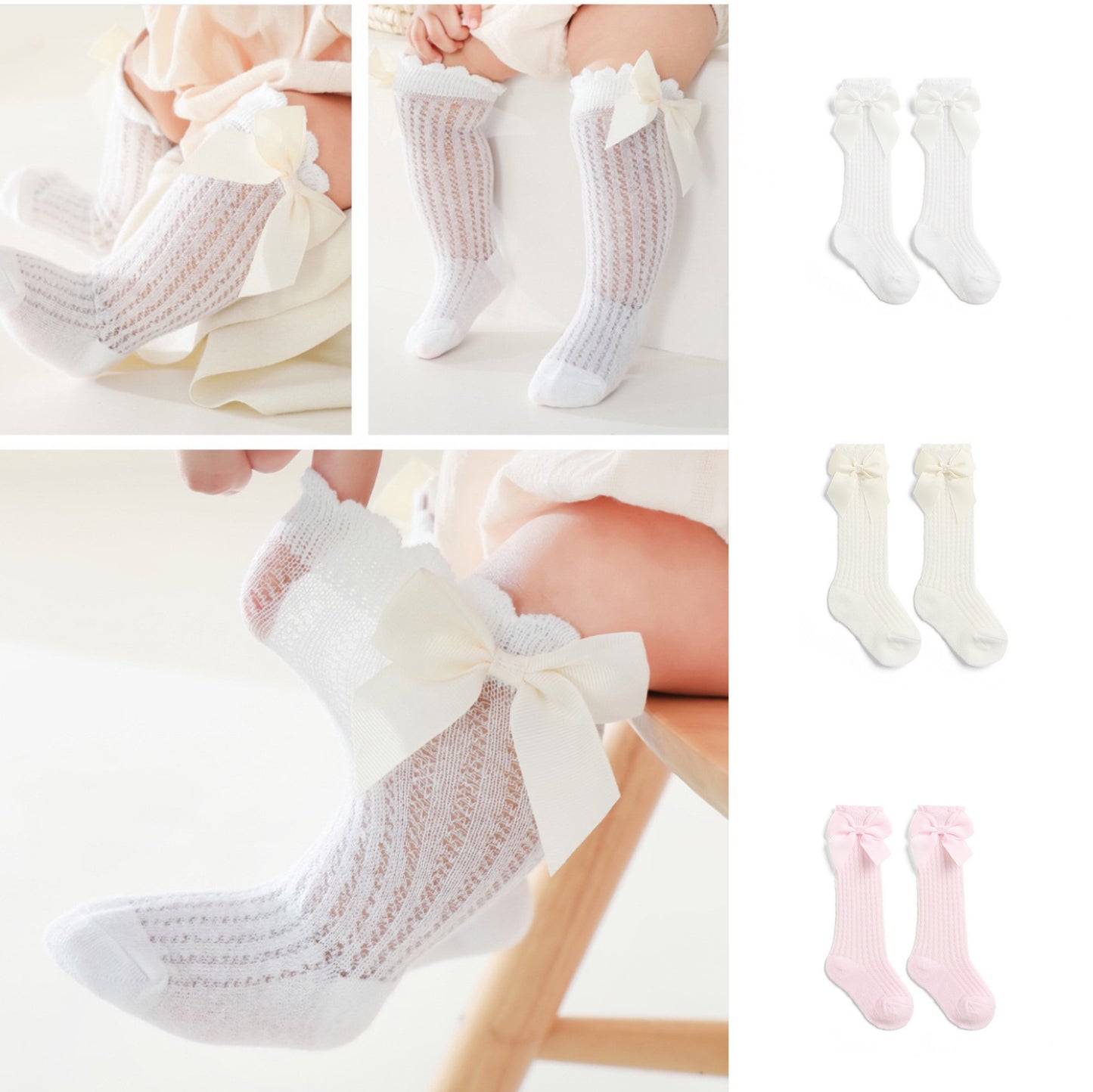 Bow knot Mesh Knitted Socks, Cotton Blend Comfy Breathable Soft Crew Socks