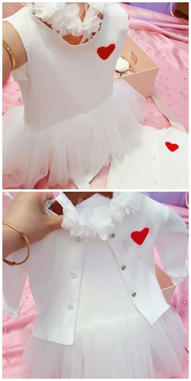 2 piece set 100% cotton knitted long sleeve  baby embroidered heart cardigan+tulle dress 3 colors