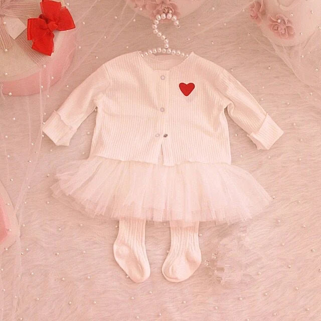 2 piece set 100% cotton knitted long sleeve  baby embroidered heart cardigan+tulle dress 3 colors