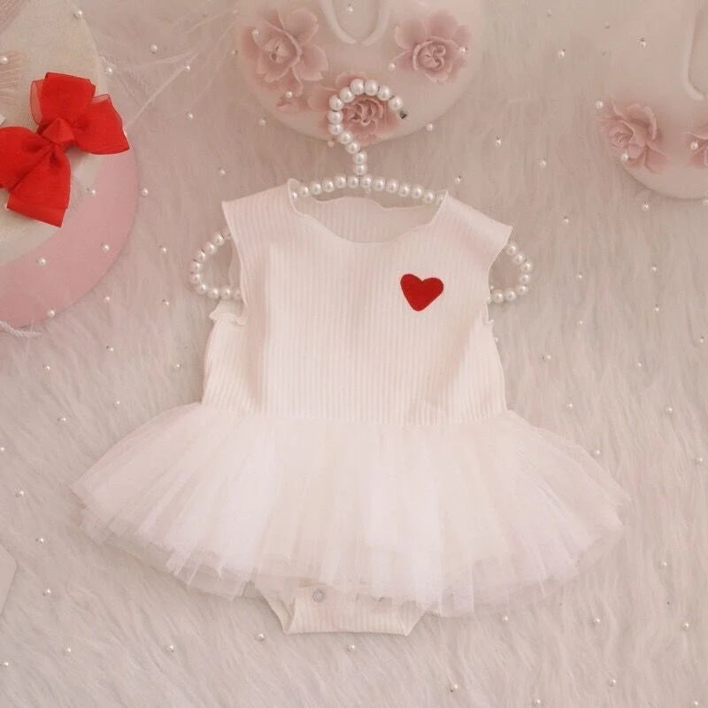 2 piece set 100% cotton knitted long sleeve  baby embroidered heart cardigan+tulle dress 3 colors