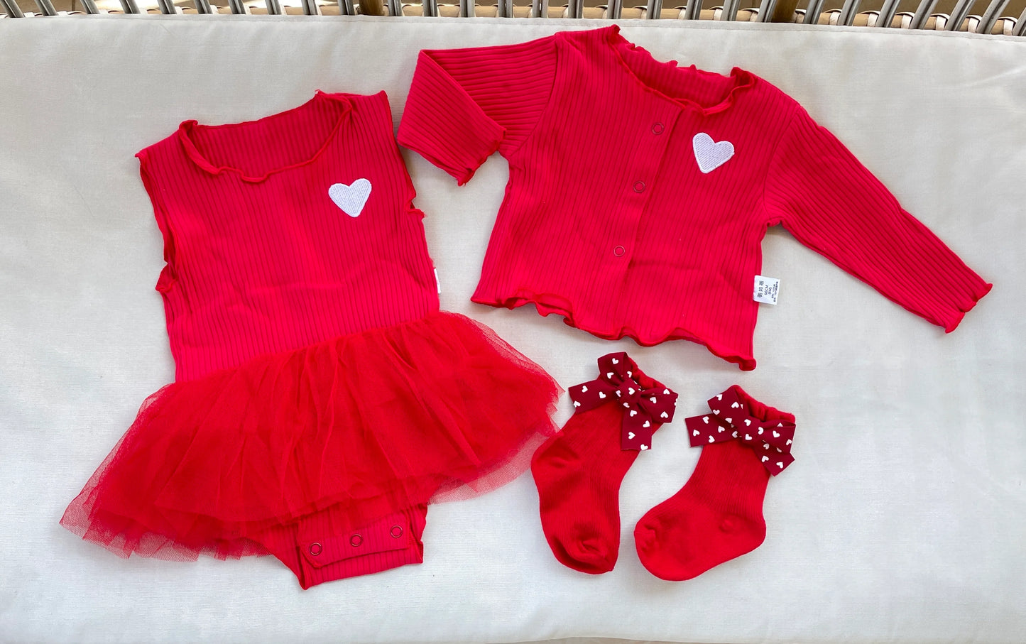 2 piece set 100% cotton knitted long sleeve  baby embroidered heart cardigan+tulle dress 3 colors