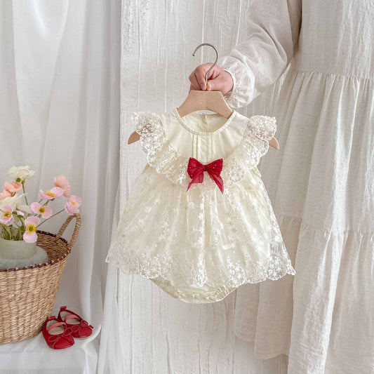 Beige baby embroidered lace romper dress with red bow knot
