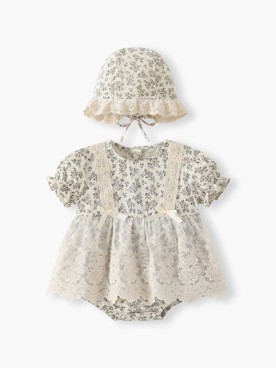2pcs set vintage baby floral romper dress with lace skirt + hat