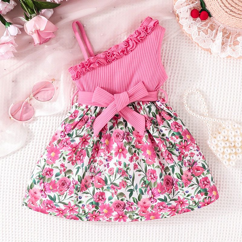 Baby Girls Princess Dress One Shoulder Sleeveless Bow Front