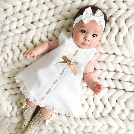 Little angel Dress with lace and gold ribbon bow knot + headband white