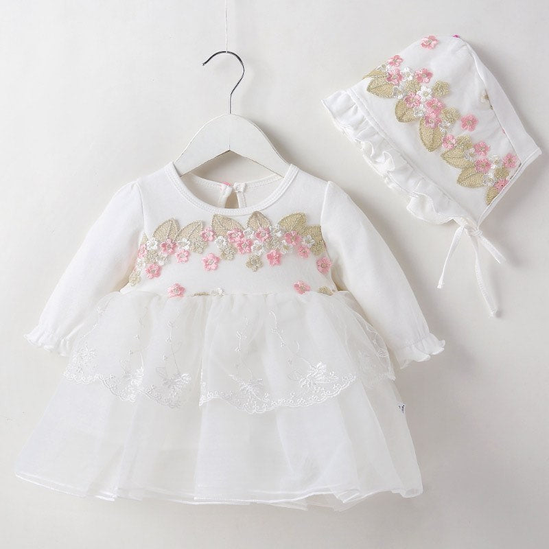 Baby long sleeve dress with hat embroidered flowers