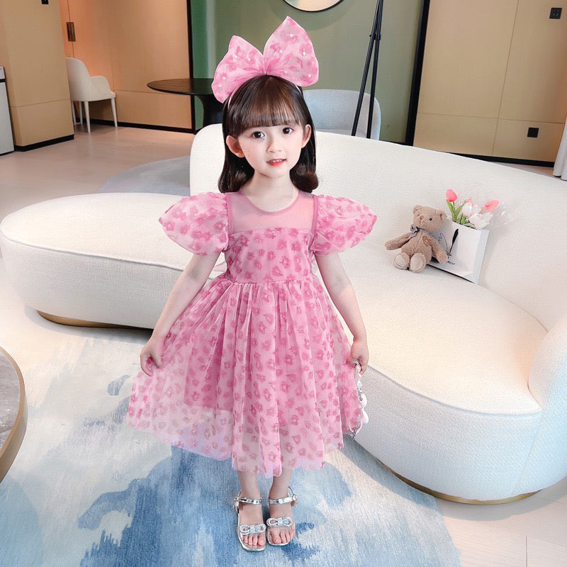 Floral tulle dress puff sleeves see through shoulder with headband