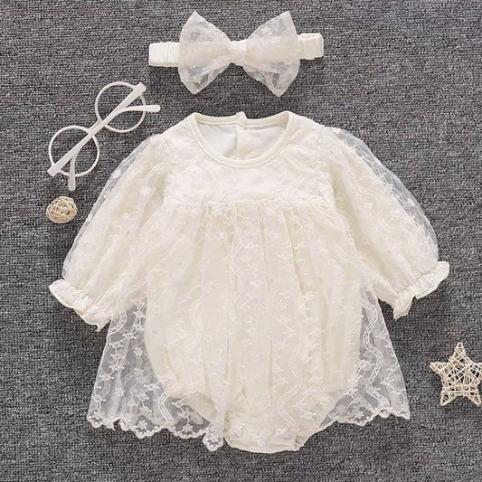 Baby beige lace romper dress long sleeve with headband