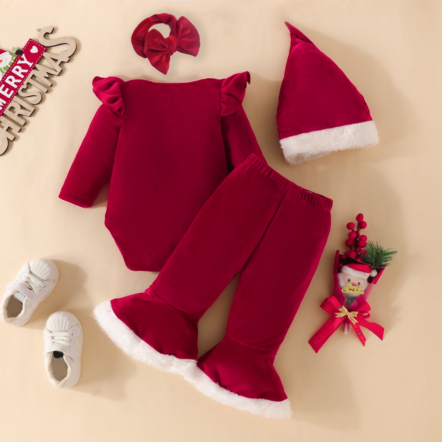 4 pcs set Baby Christmas happy new year Letter Print Plush Long Sleeve romper + pants+headband+hat