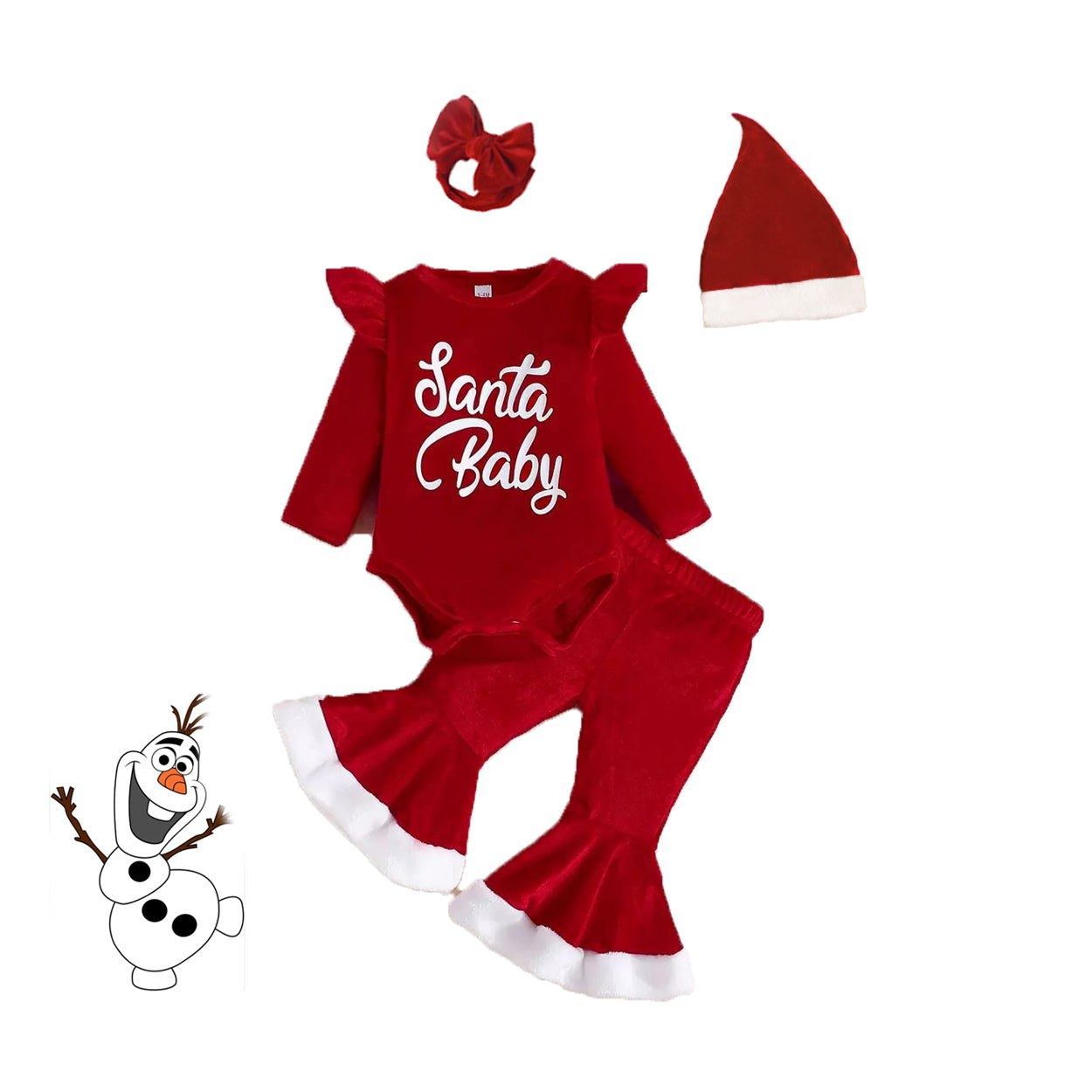 طقم مكون من 4 قطع لعيد الميلاد، مصنوع من المخمل، بأكمام طويلة، يتضمن: جمبسوت، بنطال، قبعة، وعصابة رأس.