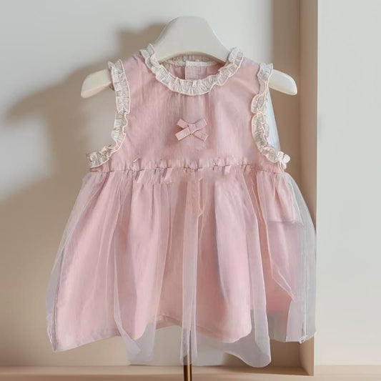 Gilrs cotton dress  with tulle skirt , lace and  bow