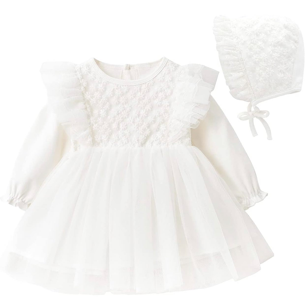 Baby long sleeve dress with hat embroidered dandelions white