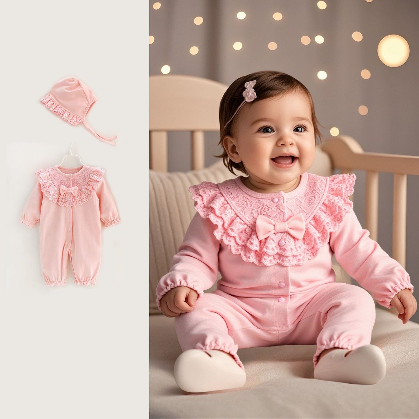 جمبسوت مريح للأطفال بأكمام طويلة مع قبعة باللون الوردي سالوبيت