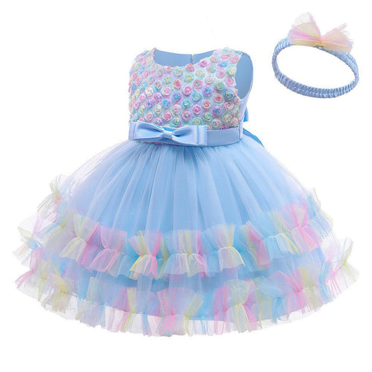 Rainbow princess dress with headband baby blue