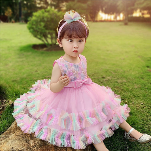 Rainbow princess dress with headband pink