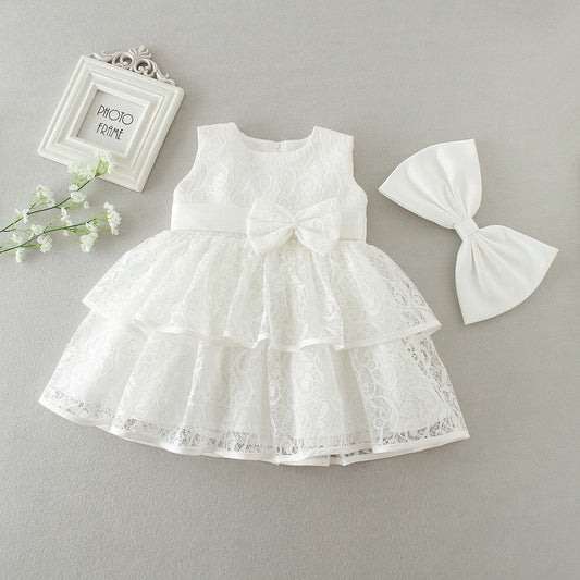 Elegant White lace baby dress  with big bow knot