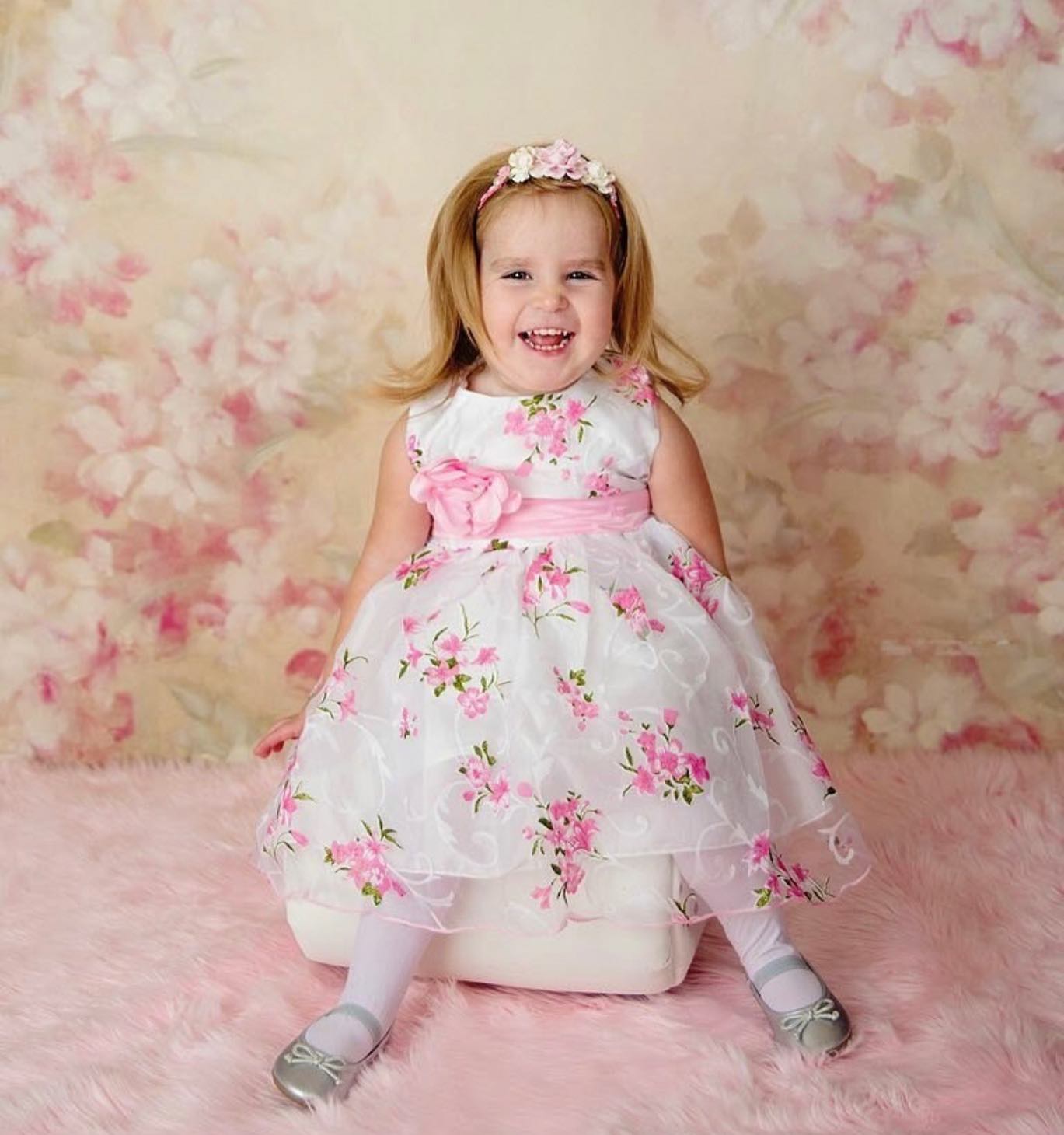 Girl white dress with pink flowers